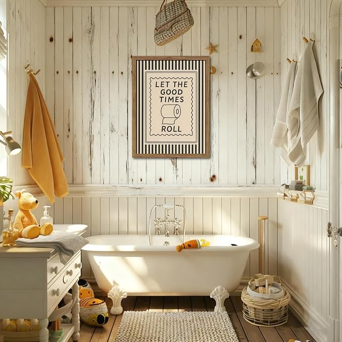 Framed Let The Good Times Roll Bathroom Print, Vintage Funny Toilet Quote Canvas Wall Art, Stripes Bathroom Picture Poster, Downstairs Toilet Painting Wall Decor 8x10 inch