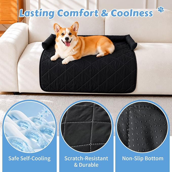 Cooling Dog Bed Mats with Neck & Head Support, 35.43 x31.5 inch Black | for Small and Medium Dogs & Cats, Non-Slip, Machine Washable, Protects Sofa from Fur & Scratches