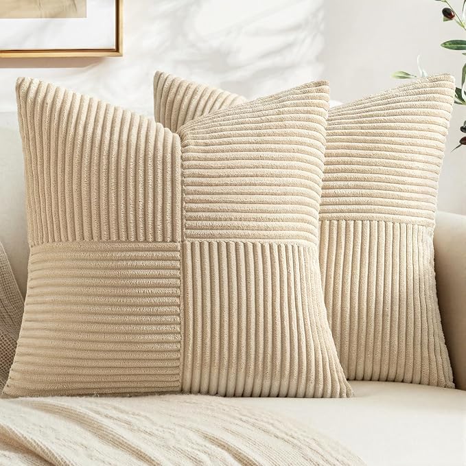 MIULEE Natural Beige Decorative Throw Pillow Covers for Couch 16x16 Inch | 2 Pack, Boho Farmhouse Pillow Covers, Soft Cross Corduroy Patchwork Textured Cushion Cases For Bed Sofa