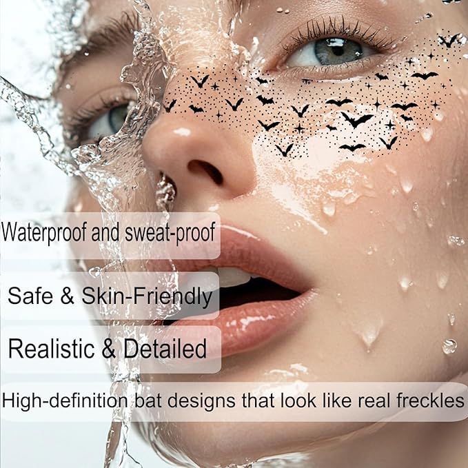 Halloween Freckles Face Stickers, Black Bat Freckles Temporary Tattoos Sticker - Waterproof Fake Tattoos for Adults & Kids, Gothic Party Costume Makeup Accessories for Halloween, Cosplay, Festival