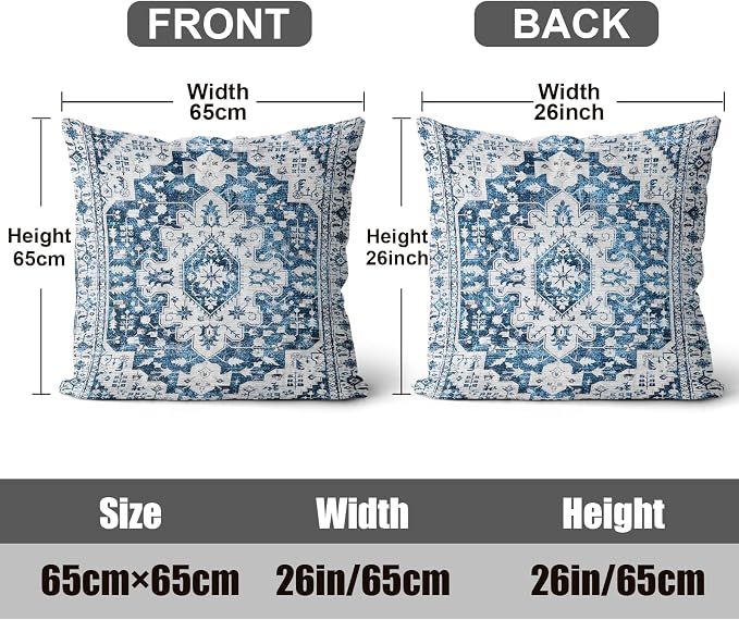Boho Throw Pillow Covers 26x26 inch Set of 2,Soft Pillowcases Bohemia Carpet Printing Pattern Decorative Sofa Living Room Bed Square Pillow Case Cushion Cover-Blue White