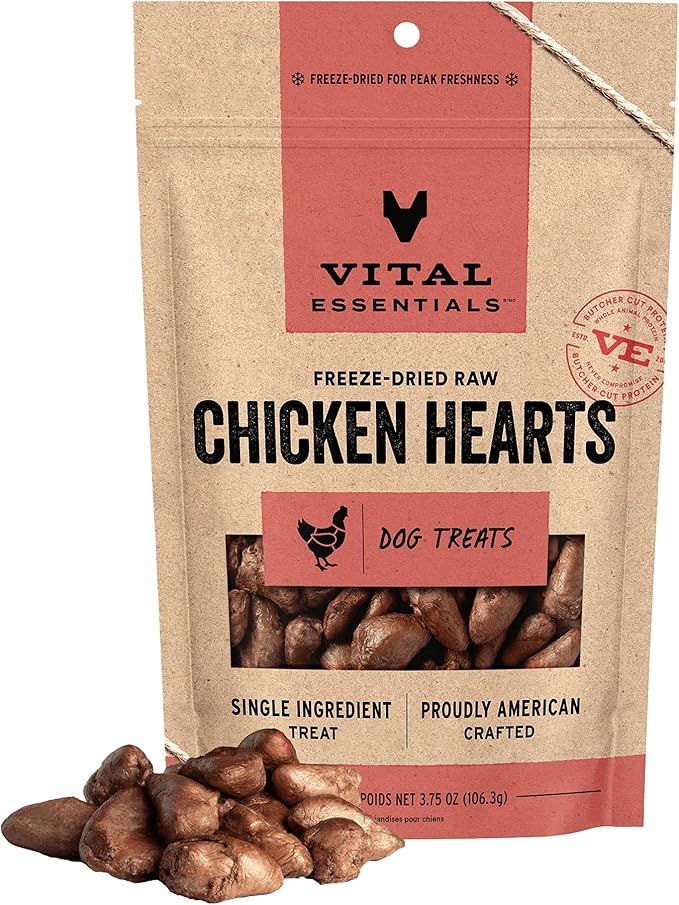 Vital Essentials Freeze Dried Raw Chicken Hearts Dog Treats, 3.75 oz Bag | Single Ingredient, Premium Quality Protein, Grain Free, USA Made with U.S. & Globally Sourced Ingredients