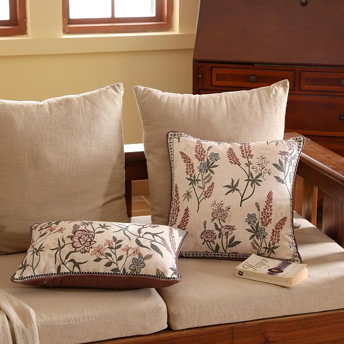 Designer Linen Throw Pillow Cover,Set of 2,18"x18"-Helena A | Vintage Elegant French Square Pillow Cover,Concealed Zipper Design,Floral Pattern,Sofas,Bedroom,Living Room,Lounge Chairs