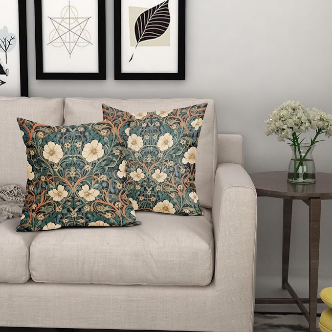 Vintage Floral Lumbar Pillow Covers 22x22 Inch Orange Whtie Green Toile Flowers Pillow Cases Chinoiserie Aesthetic Tapestry Linen Cushion Case Farmhouse Home Decor for Sofa Couch Porch Outdoor Set 2