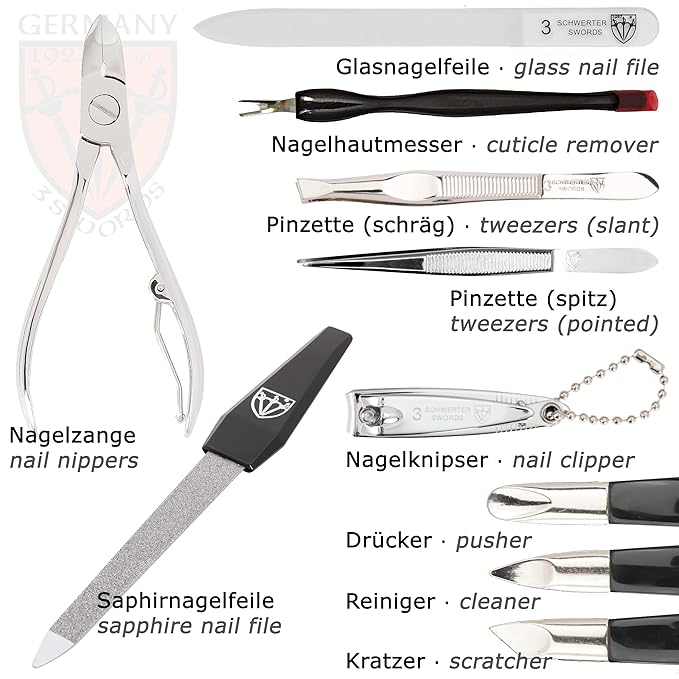 3 Swords Germany – Brand Quality 12 Piece Manicure Pedicure Grooming kit Set for Professional Finger & Toe Nail Care with Black Synthetic Leather case - Made in Germany