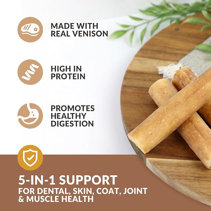 Wild Eats Venison Flavor Collagen Cheek Roll 5" Chew 4pk Pig Ear Substitute | Long lasting treats and bones for medium dogs, retriever style texture, 4 per bag, satisfies natural gnawing urges daily