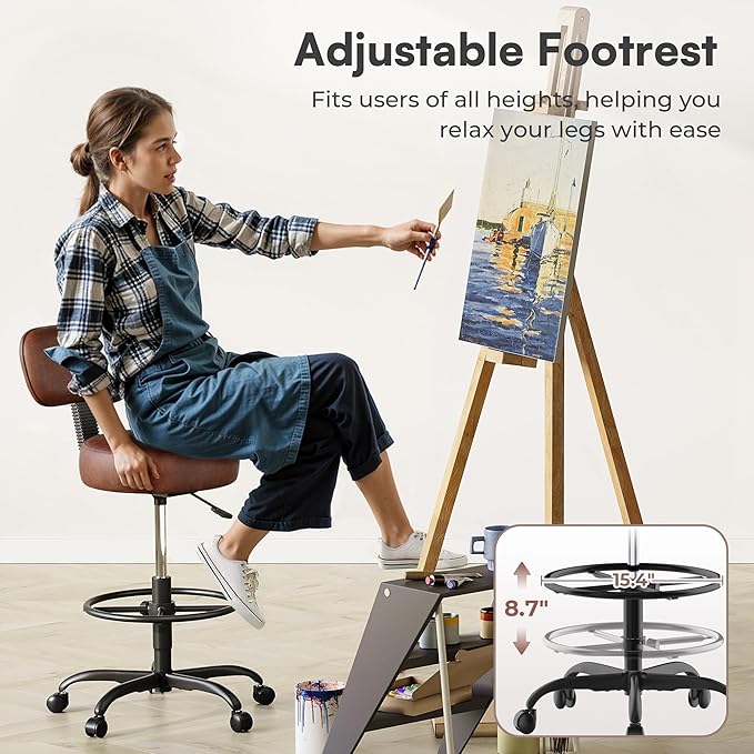 SUPERJARE Drafting Chair with Back, Adjustable Foot Rest Rolling Stool, Multi-Purpose Office Desk Chair, Thick Seat Cushion for Home Bar Kitchen Shop - Rustic Brown
