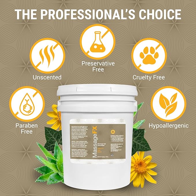Massage Gel by Massage FX - 100% Pure Jojoba & Sunflower Seed Oil - Herbal Extracts Ivy, Arnica & Aloe - Unscented - Max Workability & Glide - Perfect for Full Body Massages - Paraben Free - 5 Gallons
