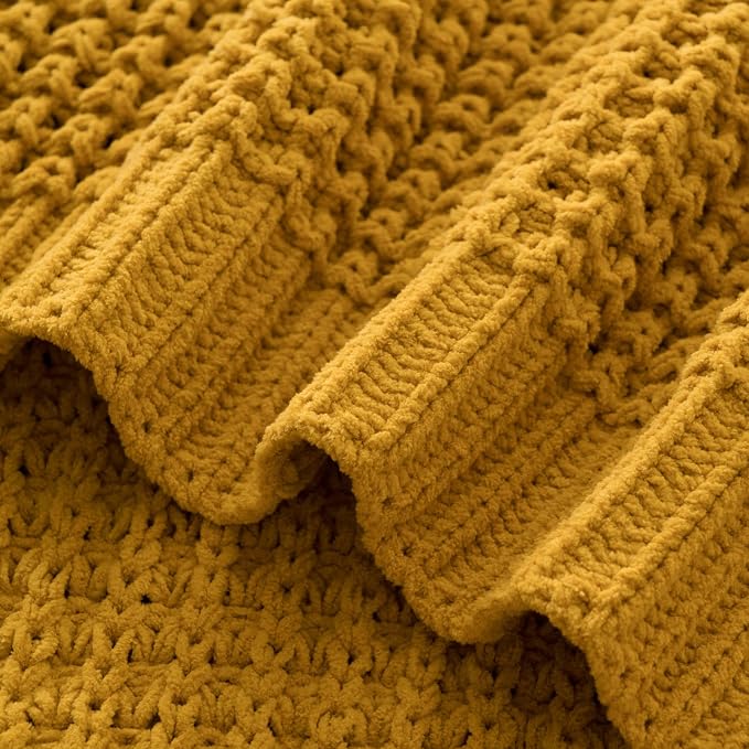 Waffle Knit Throw Blanket, Mustard Yellow Throw Blanket for Couch 60"x80" | Chunky Chenille Throw Blanket, Soft Fall Mustard Throw Blanket for Home Decor, Modern Farmhouse Knitted Style