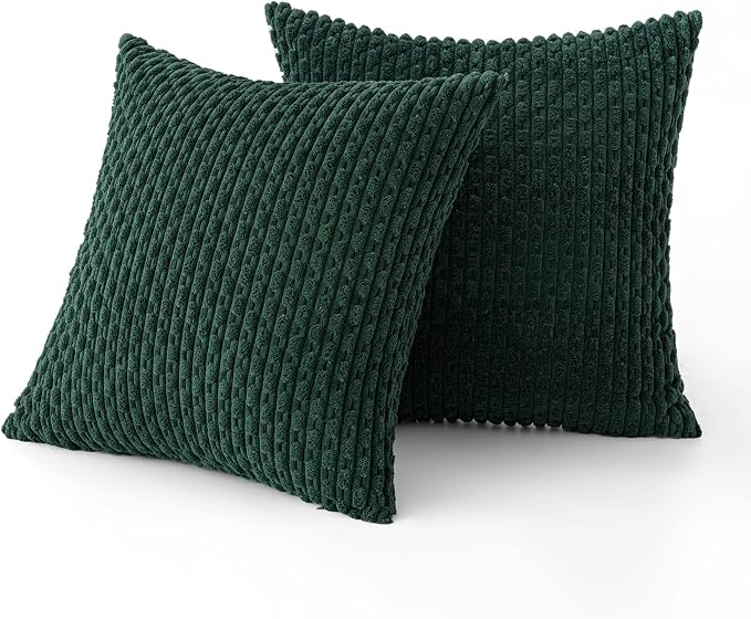 MIULEE Decorative Throw Pillow Covers 18x18 Dark Green Textured Corduroy | Pack of 2 Striped Pillow Covers Modern Farmhouse Home Decor for Couch Bed Sofa Living Room