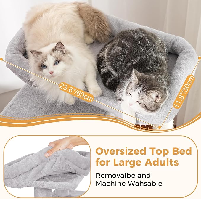 53”Cat Tree with Hammock & Extra Large Bed 23x12” for Large Cats | Adult Cat Tower with Enlarged Hammock, Spacious Condo, 23x12”Xlarge Top Bed, Scratching Posts &Wider Base for Big Cats