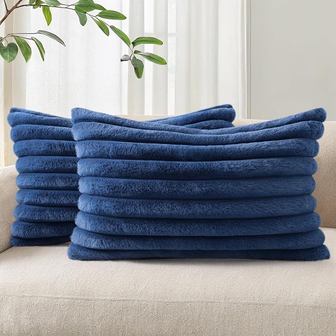Pallene Faux Fur Decorative Throw Pillow Covers 12x20 Set of 2, Navy Blue | Luxury Plush Texture, Striped Design, Cozy Soft Touch, Modern Home Accent Decor for Couch, Sofa, Bed, Living Room