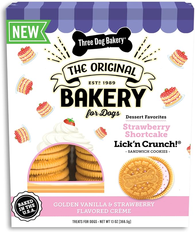 Three Dog Bakery Lick'n Crunch! Dog Treats - 13 oz | Strawberry Shortcake Sandwich Cookies with Golden Vanilla and Strawberry Flavored Creme - Crunchy Pup Treats