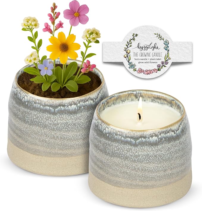Hyggelight - The Growing Candle, Juniper & Citronella Scent, 10oz Ceramic Pot, Aromatherapy Candles, Gift for Outdoors, 100% Soy, Greta