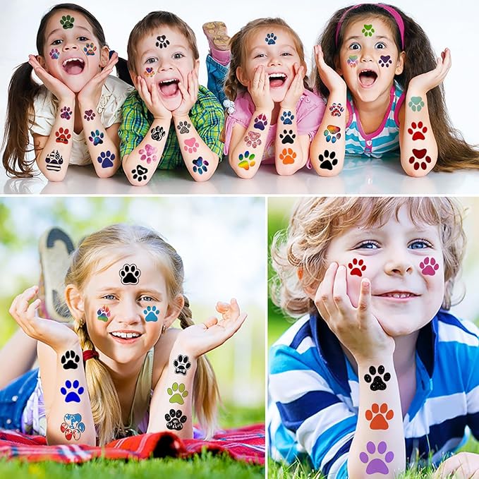 12 Sheets Dog Paw Temporary Tattoos for Kids, Paw Print Birthday Party Supplies Decorations Cute Face Body Art Fake Tattoo Stickers Paw Print Party Favors for Boys Girls Teens Party Gifts Game Reward