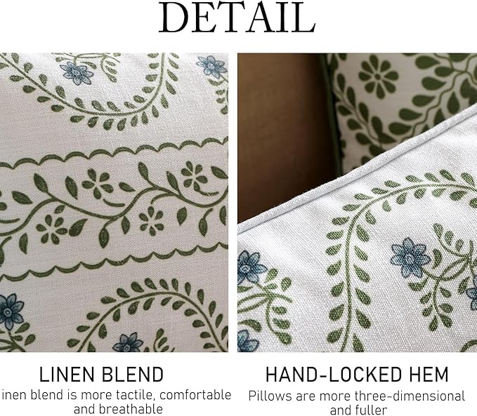 Designer Linen Throw Pillow Cover,Set of 2,20"x12"-Mosella D | French Elegant Rectangle Decor Pillow Cover,Concealed Zipper Design,Floral Pattern,Sofa,Bedroom,Living Room,Lounge Chairs