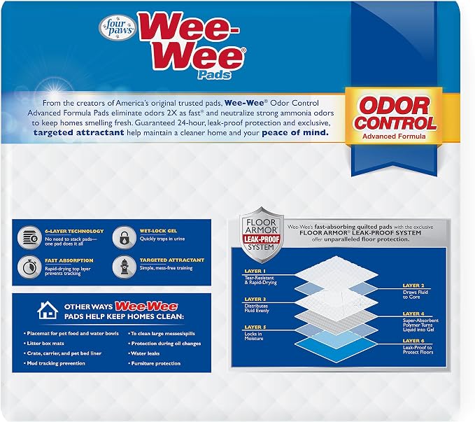 Four Paws Wee-Wee Advanced Formula Odor Control Dog Pee Pads, 100 Count | Neutralizes ammonia odors, pee pads for dogs & puppies, dog housebreaking, new puppy supplies, 22" x 23"