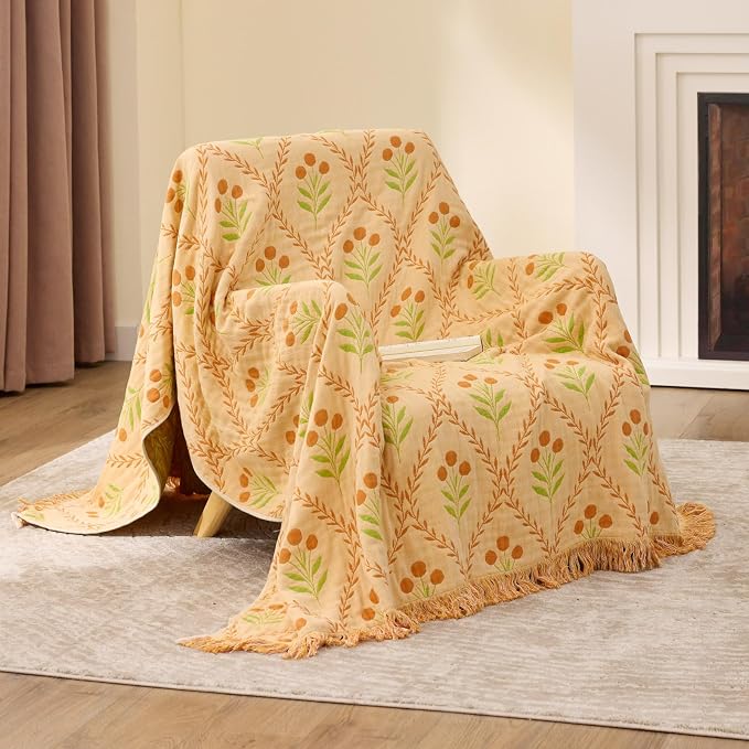 100% Cotton Boho Throw Blanket for Home Decor – Classic Farmhouse Quilt Bedding, Muslin Blankets for Adults, Vintage Woven Decorative Blanket for Couch, Bed Layering Use, Vintage Floral, 60"x80"