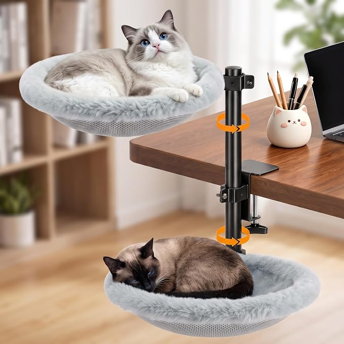 Double Cat Desk Bed, Lockable 360° Swivel, Steel Frame, 15.7-Inch | for Large Cats, Adjustable Clamp 0.5-3", Dual-Sided Cushion, 11-14" Height, No-Drill Mount, Machine Washable, Anti-Slip Base