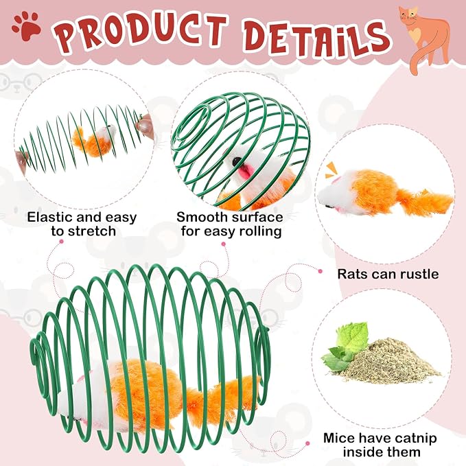 Jecery 5 Pcs Cat Toys Spring,Catnip Rats,Bright Color