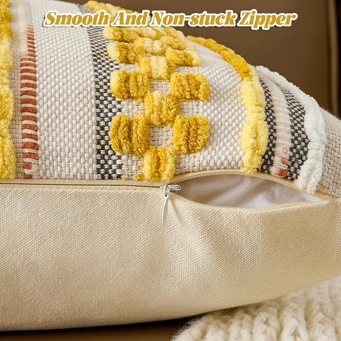 Chenille Striped Textured Boho Throw Pillow Covers Aesthetic with Tassels Woven Decorative Pillow Case for Couch Bed Sofa Bedroom Modern Funky 18 x 18-Inch Yellow