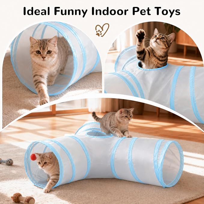 Tempcore Cat Tunnel, 3-Way Collapsible Toy, Large Size Light Grey & Blue
