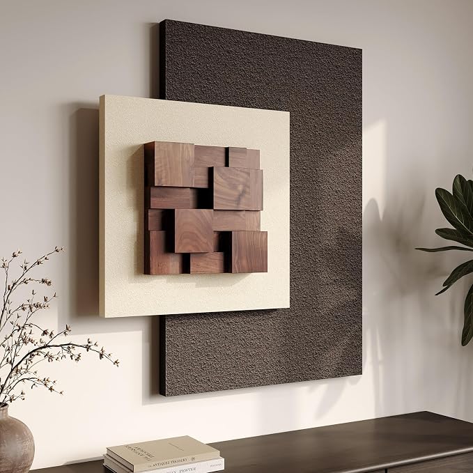 Cuspin 3D Wood Textured Large Neutral Abstract Wall Art, 1 Piece | Beige brown wall sculpture, Modern abstract wall decor, Large geometric artwork for living room bedroom dining room decor