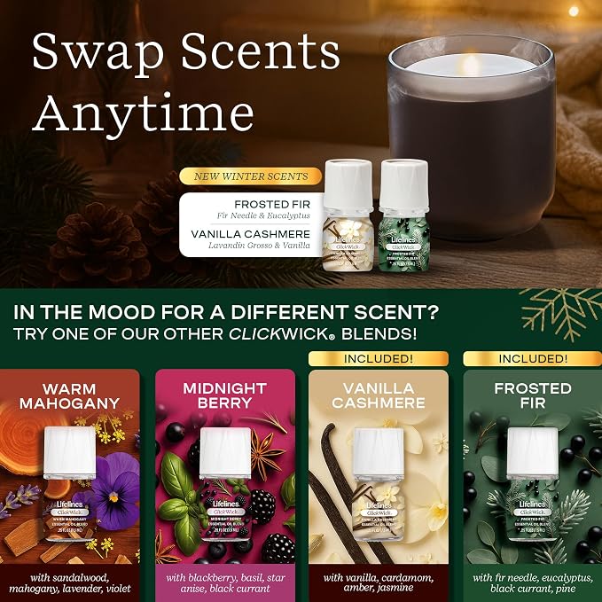 Lifelines Flameless Candle Diffuser - Winter Edition Gift Set - Aromatherapy Essential Oil Diffuser with 2 Holiday ClickWick Blends - Cordless & Waterless for Home - Electric Candles Blow Out Flame