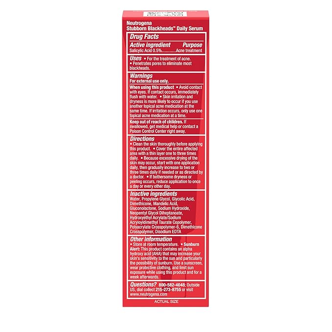 Neutrogena Stubborn Blackheads Daily Acne Facial Serum with Salicylic, Glycolic, Polyhydroxy & Mandelic Acids, Oil-Free Face Serum for Acne-Prone Skin to Help Clear Clogged Pores, 1 fl. oz
