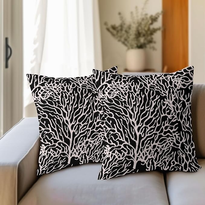 Nautical Coastal Coral Pillow Covers 18x18 Inch Set of 2 Summer Ocean Beach Black Decorative Pillow Cases Outdoor Linen Cushion Cover Farmhouse Decor for Bedroom Home Sofa Couch Bed