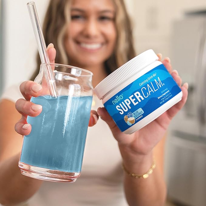 Nello Supercalm Powdered Drink Mix, Blue Coconut, L Theanine, Ksm-66 Ashwagandha, Magnesium Glycinate, Vitamin D 3, Supplements for Relaxation & Focus, No Sugar, Non GMO, On The Go, 30 Srvgs