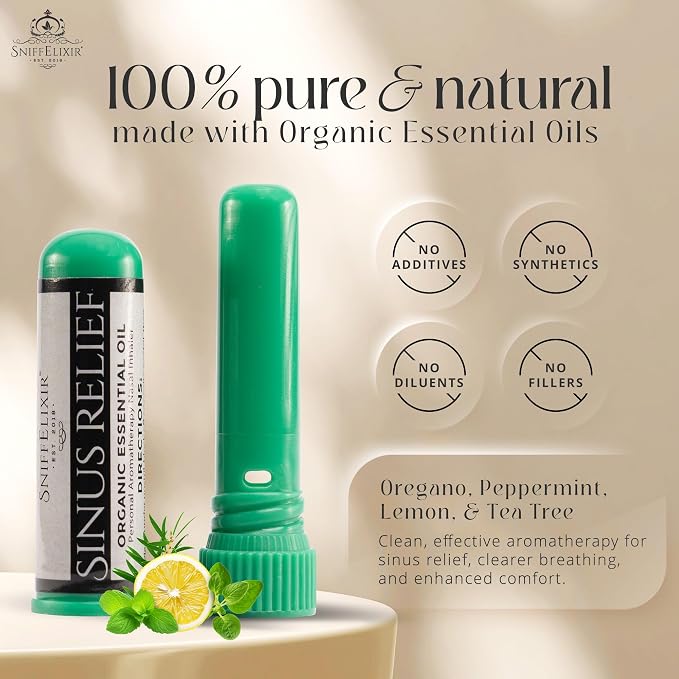 Sinus Relief Essential Oil Aromatherapy Nasal Stick Vapor Inhaler - Natural Stuffy Nose & Congestion Relief for Adults, USA Made with Organic Essential Oils, Breathe Free