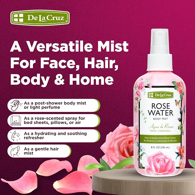 De La Cruz Pure Rose Water Body Mist,Rosewater Spray for Face, Skin & Hair, Rose Toner & Rose Water for Hair Alcohol Free, Paraben Free 8 fl oz (6 Bottles)