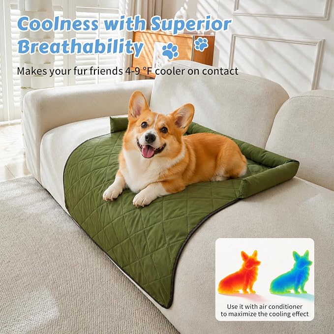 Cooling Dog Bed Mats with Neck & Head Support, 35.43 x31.5 inch Army Green | for Small and Medium Dogs & Cats, Non-Slip, Machine Washable, Protects Sofa from Fur & Scratches