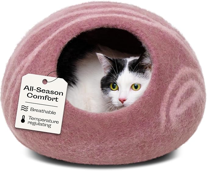 Cat Cave - Merino Wool Bed for Indoor Cats (Rose Gold, Medium) | Cat Bed Enclosure, Premium Felt, Handmade, Super Soft, Lightweight, Breathable, Adjustable Shape