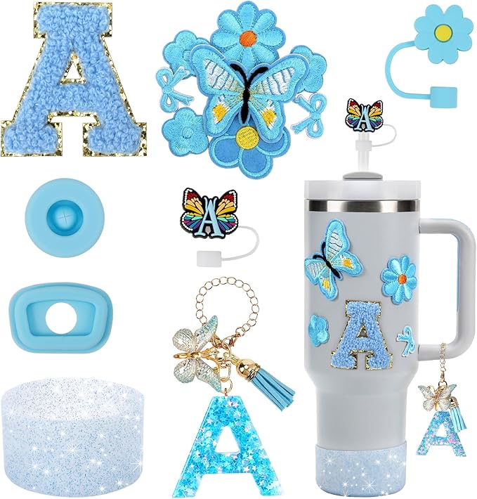 15PCS Cup Accessories Set for Stanley Cup 30oz 40oz Tumbler with Handle, Including Silicone Straw Cover and Boot, Spill Proof Stopper, Stanley Charms, Handle Charm, Initials Sticker