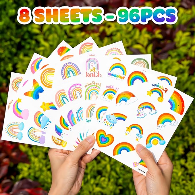 96 PCS Rainbow Pastel Rainbow Pre-Cut Temporary Tattoos for Kids | Super Cute Themed Birthday Party Favors, Supplies, Decorations, Colorful Fake Tattoo Stickers (Multiple)