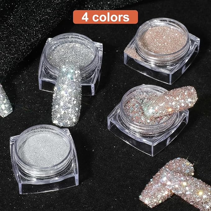 4PCS Diamond Dust Glitter, Sparkling Nail Powder for Crafts, 4 Colors Korean Gel Nail Polish, Holographic & Translucent Setting Powder Kit for Nails Art Supplies Party Wedding