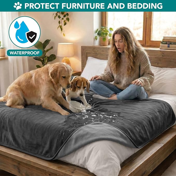 PetAmi Waterproof Dog Blanket for Couch, Pee Proof Reversible Cat Blanket for Sofa Bed Furniture Protector, Soft Fleece Washable Pet Throw for Dogs Cats Puppies Kittens, 60x80 Gray