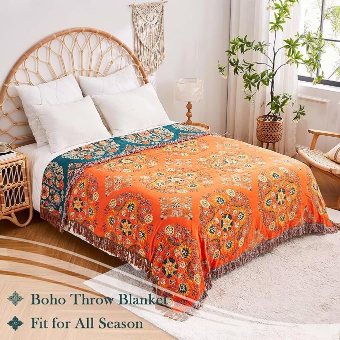 XIBLC Boho Throw Blanket, 100% Cotton Ultra Soft Luxury Throw Rustic Quilt, 90"x98" Floral Printed Farmhouse Decor Bed Summer Blankets, All Season Rustic Reversible Bohemian Throw for Bed - Orange