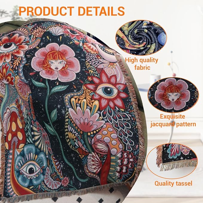 Hippie Flower Cotton Woven Boho Throw Blanket for Couch Bed Chair Lounge Hippie Room Decor Reversible Whimsical Throw Blanket Witchy Room Decor Throws Bed Spread Outdoor Camping Blankets 51x59 Inches