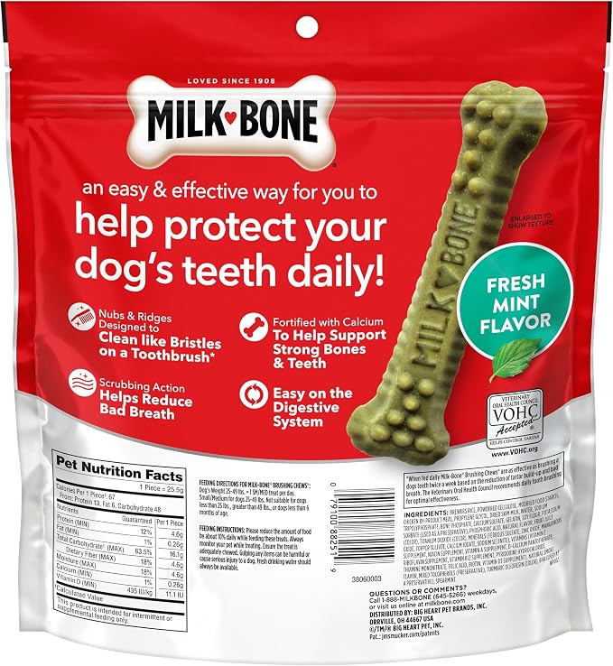 Milk-Bone Brushing Chews, Small/Medium, Fresh Flavor, 25 Dental Treats | 19.6-oz. bag, Daily dental dog treats, For dogs 25-49 lbs., Fresh mint flavor