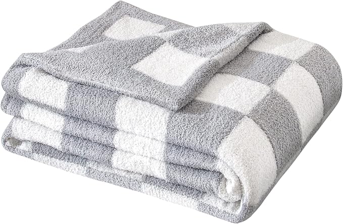 SeaRoomy Fuzzy Checkered Throw Blanket for Couch,Light Grey 51"X63" | Warm,Cozy,Fluffy,Lightweight,Gift for Women Couch Sofa Bed Room Decor