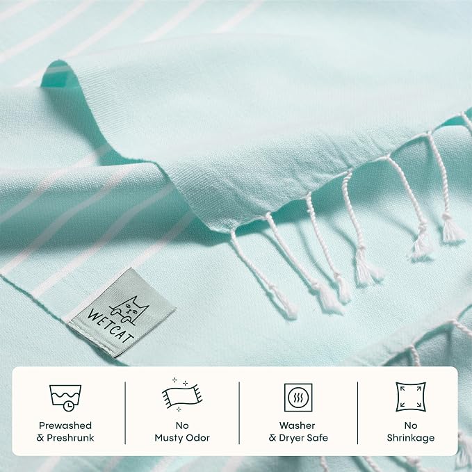 WETCAT Turkish Beach Towel Oversized (38"x71") 100% Turkish Cotton, Made in Turkey - Sand Free, Extra Large, Ultra Soft, Quick Drying, Compact & Lightweight for Travel - Aquamarine