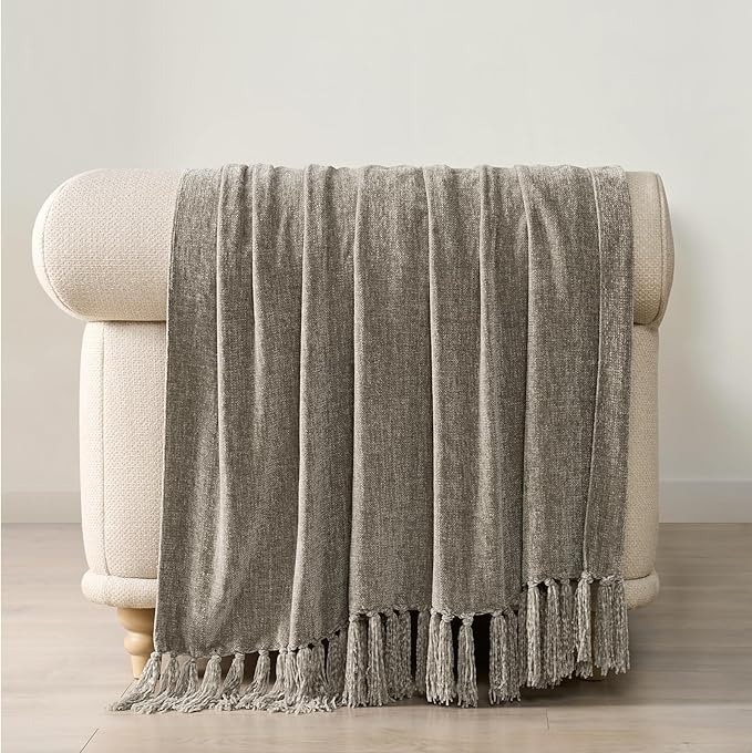 Chenille Knit Throw Blanket for Couch, 50"x60", Taupe | Cozy Plush Fuzzy Knittd Throw with Tassels, Lightweight, Decorative, Farmhouse Decor, Ideal for Bed Sofa Gift, All Seasons
