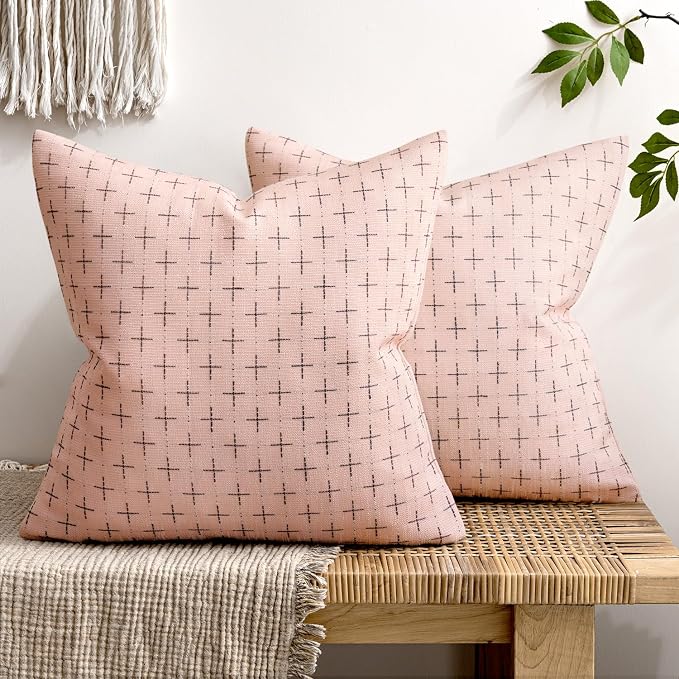 MIULEE Pack of 2 Cute Decorative Burlap Linen Valentine Throw Pillow Covers Farmhouse Pillowcases Modern Rustic Woven Textured Cushion Cover for Sofa Couch Bed 24x24 Inch Pink