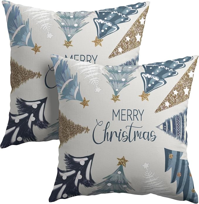 Kawani Merry Christmas Throw Pillow Covers 20x20 Inches, 2 PCS Blue Gold Xmas Pine Trees Cotton Linen Square Pillowcase Cushion Case for Bed Couch Winter Holiday Home Decor