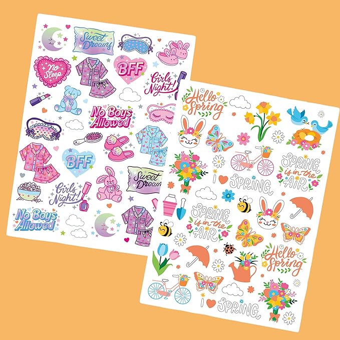 Girls Sleepover Party Temporary Tattoos, 78+ Styles, 3 Sheets, Spring and Party Theme Designs, Birthday Party Favors/Movie Night Goodie Bag Favors, Cute Bday Decorations, Stocking Stuffer