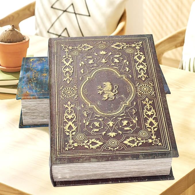 Faux Leather Decorative Book Storage Box with Embossed Lion Crest | Vintage Look Hidden Keepsake Box for Jewelry, Letters & Valuables, Elegant Home Office Shelf Decor (Reddish Brown)