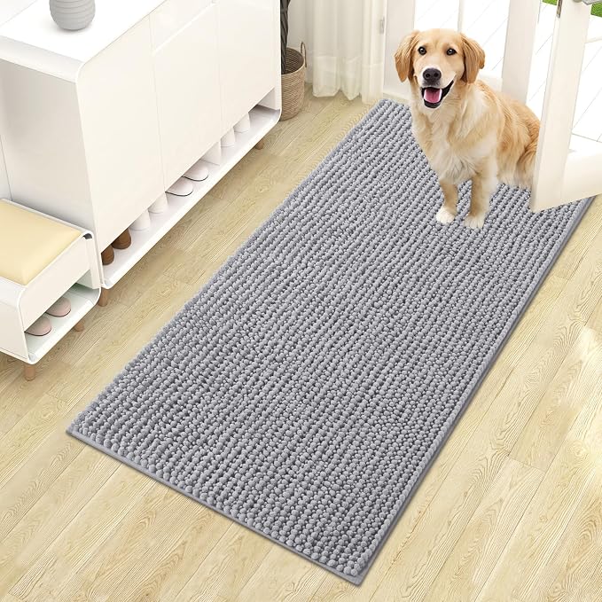 OLANLY Dog Door Mat for Muddy Paws 44x24, Extra Absorbent Chenille Mud Mat | Light Grey, Absorbs Moisture and Dirt, Non-Slip Machine Washable Doormat, Quick-Drying Indoor Entryway Floor Mat for Dogs